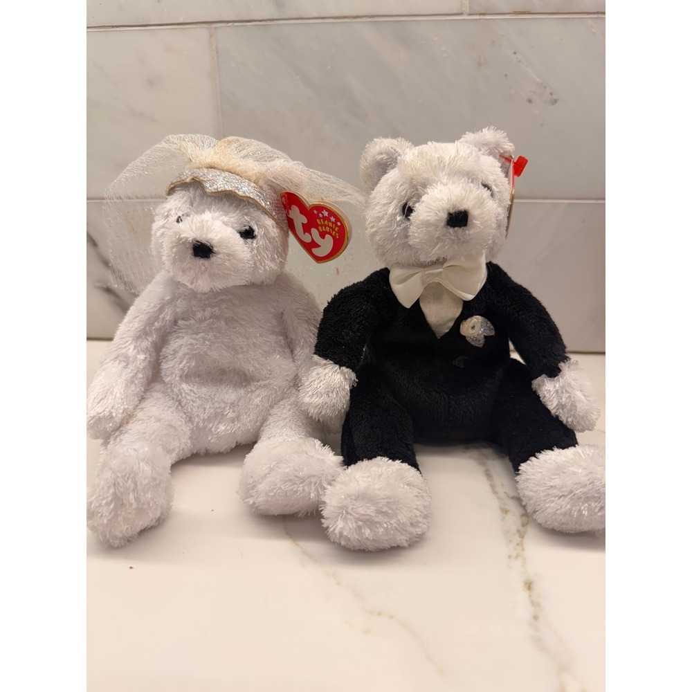 Ty Beanie Babies Bride and Groom Wedding Bear Set 2002 Collectible Plush Tags